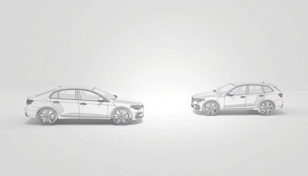 3D wireframe diagrams of basic car shapes, including a sedan, hatchback, and SUV, displayed on a plain white background. The shapes are rendered in a minimalist, technical style with clean lines and a muted color palette, emphasizing the fundamental geometric structures. Bright, even lighting illuminates the forms from multiple angles, casting subtle shadows to provide depth and volume. The perspective is slightly elevated, allowing the viewer to clearly see the distinctive silhouettes and proportions of each vehicle type. The overall impression is one of simplicity, clarity, and an educational, instructional tone suitable for a step-by-step guide on car drawing.
