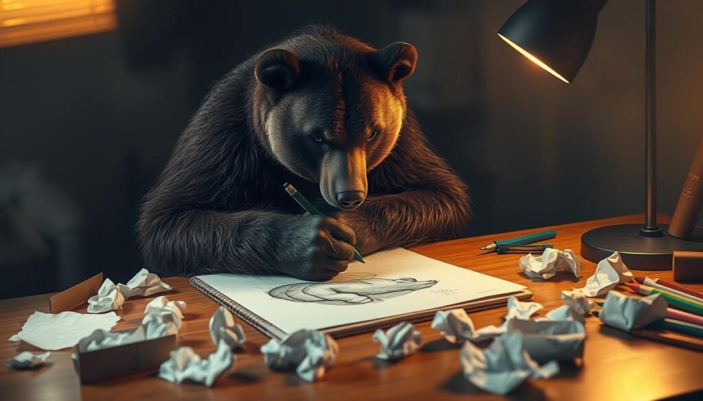 A bearish figure sits hunched over a sketchpad, a look of frustration etched upon its face. Crumpled paper litters the wooden desktop, evidence of failed attempts to capture the elusive form. Warm, diffused lighting from a nearby lamp casts a soft glow, highlighting the bear's furrowed brow and tightened grip on the charcoal pencil. The background is a hazy, muted palette, keeping the focus on the bear's struggle to perfect its artistic skills. Pops of color in the form of scattered art supplies add a sense of creative chaos, mirroring the bear's inner turmoil as it navigates the challenges of drawing.