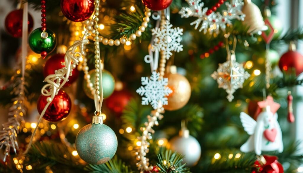 A beautifully lit Christmas tree surrounded by a variety of shimmering ornaments and decorations. In the foreground, delicate glass balls in vibrant reds, greens, and golds catch the soft glow of the twinkling lights. Strings of beads, tinsel, and ribbon cascade elegantly from the branches, creating a sense of festive abundance. In the middle ground, intricate handcrafted ornaments in the shapes of snowflakes, stars, and angels add a touch of whimsy. The background is blurred, drawing the viewer's attention to the exquisite details of the ornaments and their careful arrangement on the tree. The overall scene conveys a cozy, inviting atmosphere, perfectly capturing the spirit of the holiday season.