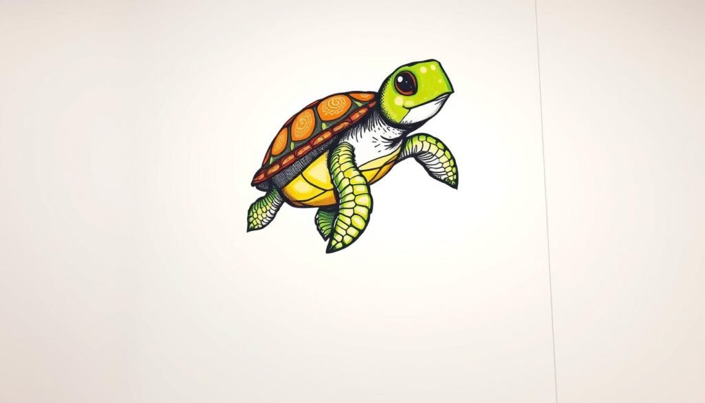 A beautifully rendered digital illustration depicting a vibrant, hand-drawn turtle artwork on a clean, white canvas. The turtle is rendered in a whimsical, expressive style with bold, organic lines and a playful personality. The foreground features the turtle in a dynamic, animated pose, capturing the joy and creativity of the artistic process. The middle ground showcases the turtle's intricate details, with textured patterns and a vibrant color palette. The background is a pristine, minimalist white space, allowing the artwork to take center stage and inviting the viewer to appreciate the creative expression. Soft, diffused lighting enhances the sense of depth and dimensionality, creating a warm, inviting atmosphere that inspires the viewer to engage with the artwork.