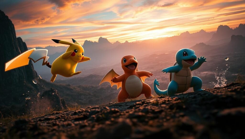 A breathtaking scene showcasing the dynamic poses of beloved Pokemon characters. In the foreground, a Pikachu leaps gracefully, its electric-charged tail trailing behind it, while a Charmander takes a powerful fighting stance, flames flickering from its gaping mouth. In the middle ground, a Squirtle deftly evades an attack, water droplets suspended in the air around it. In the background, a panoramic landscape unfolds, with towering mountains and a vibrant, sunset-hued sky, casting a warm, cinematic glow over the entire composition. The lighting is dramatic, with sharp contrasts and deep shadows, emphasizing the fluid, energetic movements of the Pokemon. The camera angle is low and dynamic, capturing the action from an immersive, eye-level perspective, drawing the viewer into the scene.