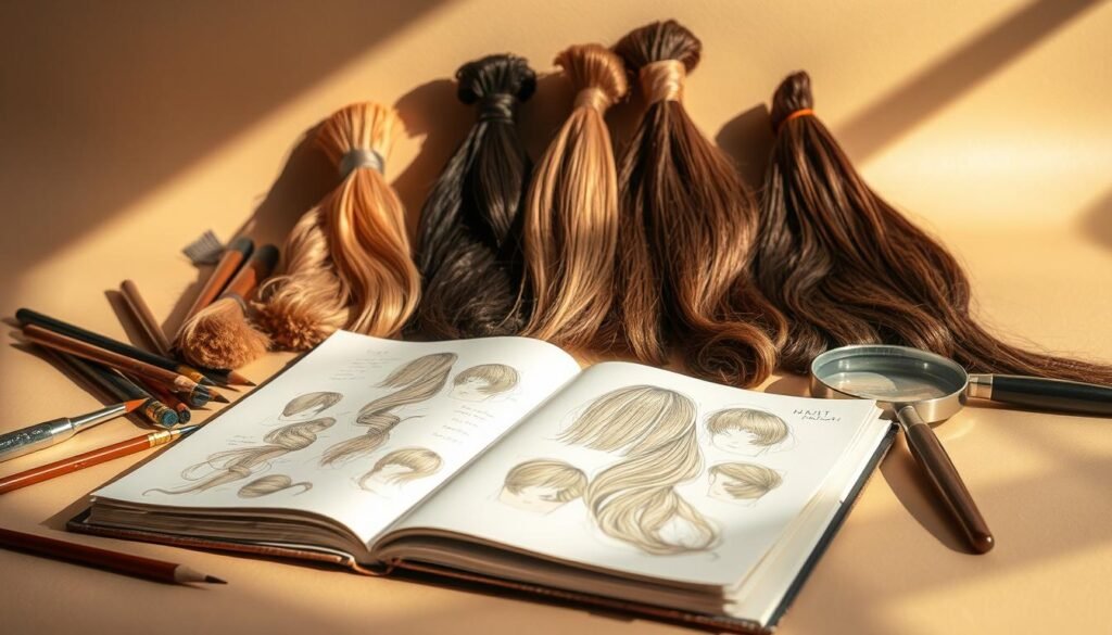 A carefully arranged still life depicting a collection of hair reference materials. In the foreground, a sketchbook lies open, revealing sketches and studies of various hair strands and textures. Surrounding it, an assortment of brushes, pencils, and a magnifying glass suggest the diligent observation and documentation of hair details. In the middle ground, bunches of human hair in different colors and lengths are displayed, allowing for close examination. The background features a neutral, softly lit environment, drawing the viewer's attention to the central study materials. Warm, natural lighting casts subtle shadows, emphasizing the tactile quality of the references. The overall scene conveys a sense of focused attention and artistic exploration of the subject.