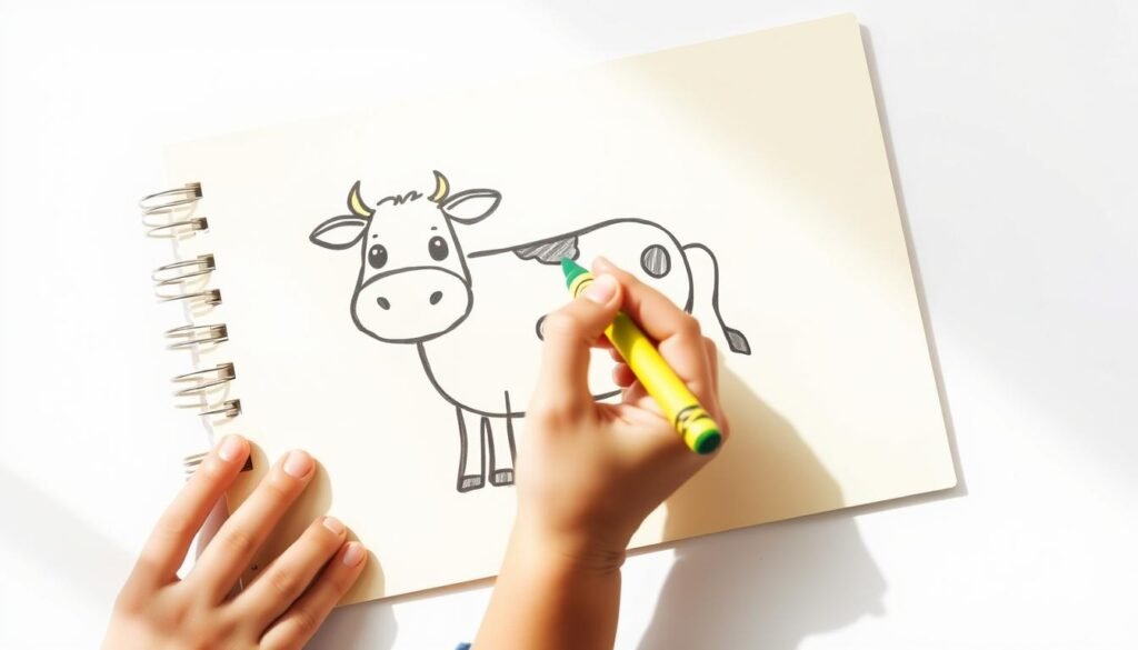 A child's hand holds a colorful crayon, poised to bring a hand-drawn cow to life on a cream-colored sketchpad. The cow's body is a playful, rounded shape, with a gentle, expressive face and large, curious eyes. The outline of the cow is thick and confident, inviting the viewer to imagine the textures and details that will emerge through the coloring process. Soft, natural lighting illuminates the scene, casting a warm, inviting glow and fostering a sense of creative engagement. The background is a simple, uncluttered white, allowing the focus to remain on the act of coloring and the emerging cow drawing.