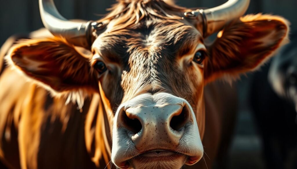 A close-up detailed illustration of a cow's head and features, rendered in a realistic and lifelike style. The cow is facing towards the viewer, with a high-quality focus on the expressive eyes, nose, mouth, and distinctive horns. The lighting is natural and directional, creating soft shadows and highlights that accentuate the textures of the cow's fur and skin. The background is slightly blurred, keeping the attention on the intricate facial details. The overall mood is one of calm curiosity, inviting the viewer to study the beautiful and distinctive characteristics of this farm animal.