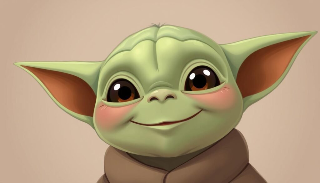 A close-up, detailed portrait of a happy, smiling Baby Yoda character with expressive, large eyes and a gentle, warm facial expression. The lighting is soft and diffused, creating a peaceful, comforting atmosphere. The background is a simple, neutral palette that allows the subject to be the focal point. The illustration is rendered in a clean, stylized digital art style with a smooth, slightly textured finish. The pose and angle capture the character's endearing, youthful charm, encouraging the viewer to connect with the adorable expression.
