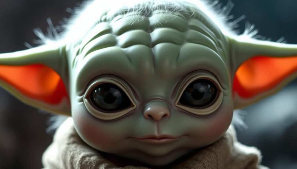 A close-up of Baby Yoda's round, oversized head with large, expressive eyes, pointed ears, and a distinctive wrinkled brow. The lighting is soft and flattering, highlighting the character's delicate features and endearing expression. The background is blurred, keeping the focus solely on the iconic head shape that defines this beloved Star Wars creature. The image captures the essence of Baby Yoda's unique and instantly recognizable appearance, perfect for a step-by-step guide on how to draw this captivating character.