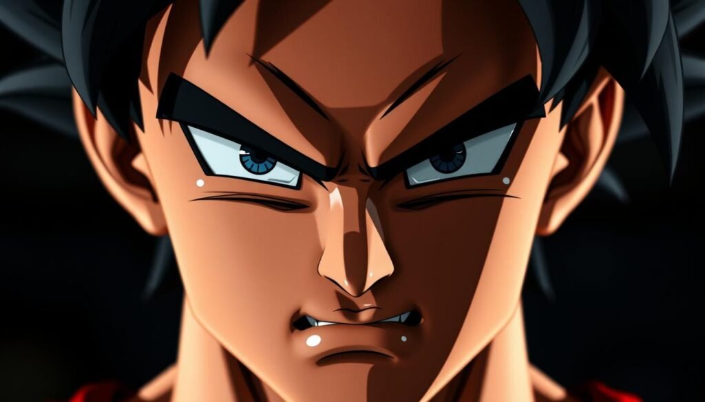 A close-up portrait of Goku, the iconic anime hero, displaying a determined and focused facial expression. His brow is furrowed, eyes narrowed with intensity, and mouth set in a resolute line. The lighting is dramatic, casting shadows that accentuate the contours of his face, creating a sense of strength and intensity. The background is blurred, keeping the attention on Goku's expressive features. The image is captured with a shallow depth of field, creating a cinematic, close-up feel. The overall mood is one of unwavering determination, capturing the essence of Goku's character and the spirit of the "Creating Goku's Facial Expression" section of the tutorial.