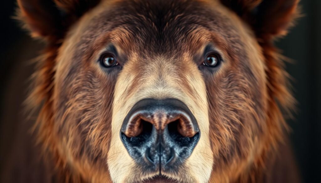 A close-up portrait of a bear's face, rendered in a realistic, highly detailed style. The bear is facing the viewer, with its expressive eyes, rounded muzzle, and textured fur capturing the animal's alert and curious expression. The lighting is soft and evenly distributed, accentuating the bear's facial features and creating a warm, naturalistic atmosphere. The composition fills the frame, placing the bear's face at the center of attention, and the depth of field is shallow, allowing the facial details to stand out against a subtly blurred background. The overall image conveys a sense of wonder and an intimate connection with the subject, inviting the viewer to observe the bear's unique character and personality.
