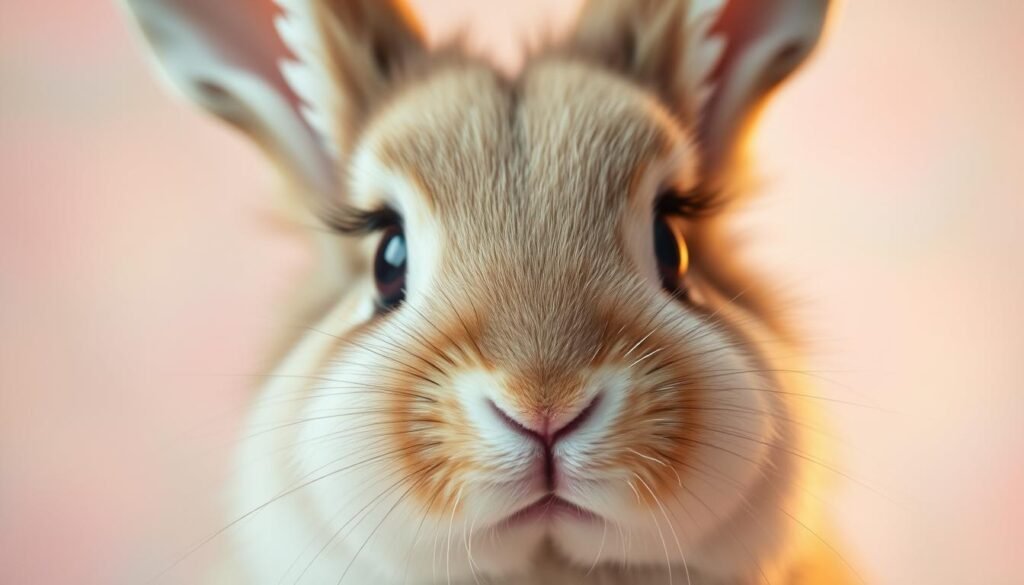 A close-up portrait of a cute, fluffy bunny's face, with a soft, warm lighting that highlights the delicate features. The bunny's eyes are large and expressive, with long, lush eyelashes. The nose is small and twitching, the whiskers are fine and delicate, and the ears are perked up with a playful curiosity. The background is a gentle, out-of-focus pastel gradient, allowing the bunny's face to be the sole focus of the image. The overall mood is one of whimsy, charm, and attention to the intricate details that make a bunny's face so endearing.