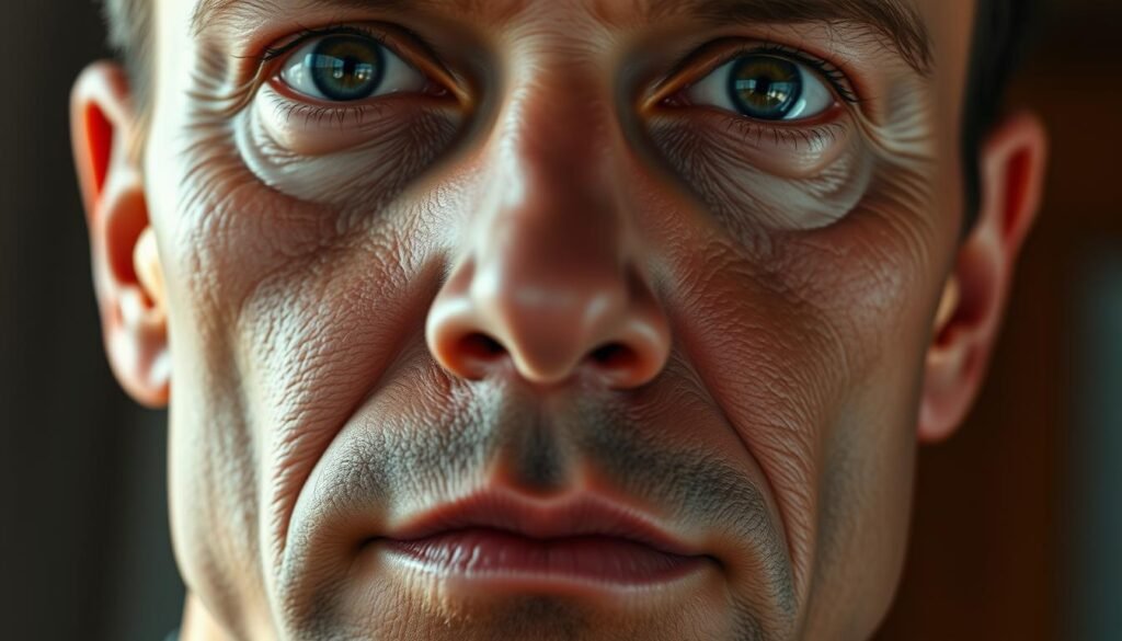 A close-up portrait of a realistic human face, centered and filling the frame. The skin has a soft, lifelike texture, with pores, wrinkles, and subtle imperfections. The eyes are vivid and expressive, with intricate iris patterns and reflective highlights. The nose, lips, and other facial features are clearly defined, with a sense of depth and dimensionality. The lighting is natural and directional, creating dramatic shadows and highlights that accentuate the contours of the face. The background is blurred, placing the focus entirely on the captivating facial details.