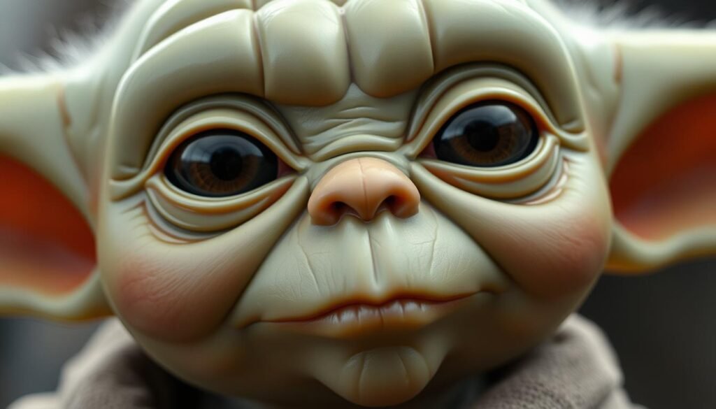 A close-up portrait of the iconic Baby Yoda character, focusing on the delicate facial features. The image should convey a sense of whimsy and wonder, with soft, diffused lighting illuminating the character's large, expressive eyes, ridged brow, and subtly curved nose. The skin texture should be meticulously rendered, capturing the wrinkles and folds that give Baby Yoda its endearing, aged appearance. The composition should be tightly framed, emphasizing the face and drawing the viewer's attention to the nuanced details that bring this beloved character to life.