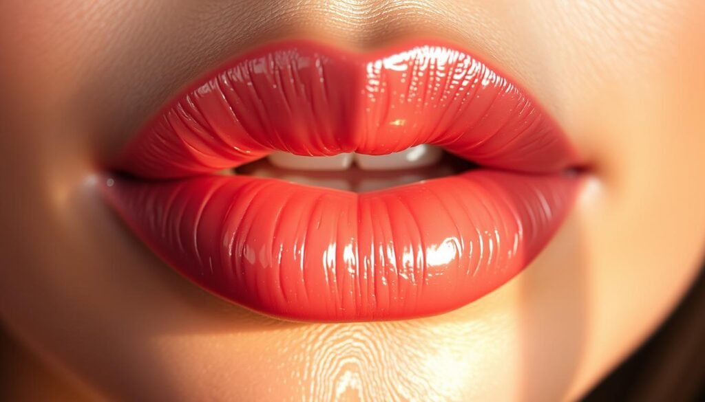 A close-up shot of a pair of lush, full lips with a glossy, high-shine finish. The lips are slightly parted, revealing a hint of the mouth's interior. The lighting is soft and diffused, creating a warm, ethereal glow that accentuates the natural curves and contours of the lips. The focus is sharp, capturing every nuanced detail of the lip's texture, from the subtle ridges to the glistening highlights that dance across the surface. The background is blurred, keeping the attention solely on the captivating lips. The overall mood is one of sensuality, allure, and the irresistible appeal of perfectly executed lip makeup.
