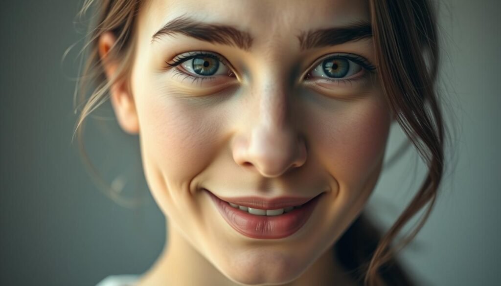 A close-up shot of a young woman's face, capturing a range of expressive emotions. The lighting is soft and natural, highlighting the delicate features and the play of light and shadow across her skin. The foreground focuses on her eyes, brows, and lips, conveying a spectrum of moods - from a pensive, contemplative gaze to a gentle, warm smile. The middle ground blurs slightly, drawing the viewer's attention to the subject's face and expression. The background is a subtly blurred, neutral environment, allowing the facial expressions to take center stage. The overall atmosphere is one of thoughtfulness, introspection, and the nuanced communication of human emotion.