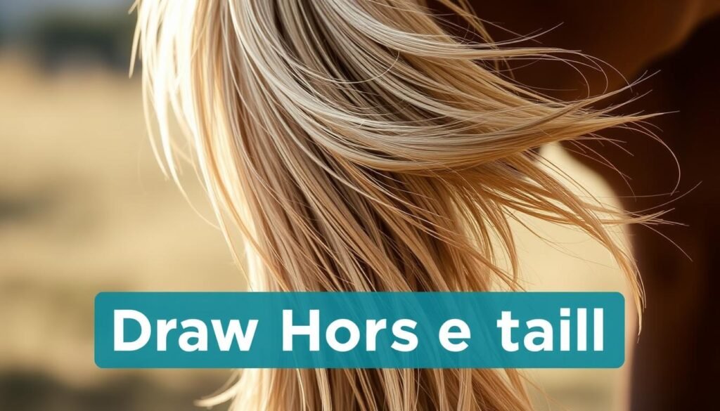 A close-up view of a detailed horse tail, with individual strands of hair flowing gracefully in a soft, natural lighting. The tail is rendered with a high level of realism, capturing the texture and movement of the hair. The background is slightly blurred, keeping the focus on the intricate details of the tail. The lighting is gentle, creating a warm and inviting atmosphere, perfect for an educational tutorial on drawing horse tails.