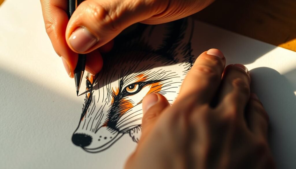 A close-up view of a hand carefully inking a detailed fox drawing with a fine-tipped pen. The fox's face is rendered with precision, its expressive eyes and delicate features captured in bold, confident strokes. The hand, holding the pen with artful poise, glides across the paper, leaving behind a trail of inky lines that bring the fox to life. The composition is framed tightly, emphasizing the focus and concentration of the inking process. Warm, natural lighting casts soft shadows, creating depth and dimension. The overall mood is one of creative focus and the joy of bringing a detailed animal illustration to the page.