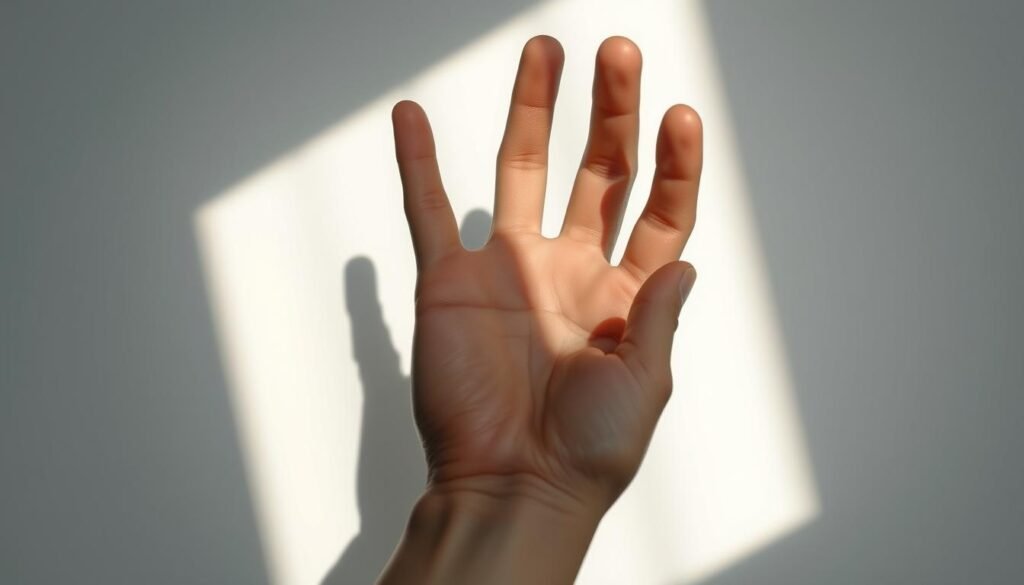 A close-up view of a realistic human hand, meticulously crafted with attention to anatomical details. The hand is positioned in a natural pose, illuminated by a soft, diffused light that casts subtle shadows, highlighting the contours and textures of the skin. The composition emphasizes the intricate interplay of light and shadow, showcasing various shading techniques such as gradients, highlights, and cast shadows to convey a sense of depth and three-dimensionality. The background is clean and unobtrusive, allowing the viewer to focus solely on the expressive hand and the artistry of the shading.