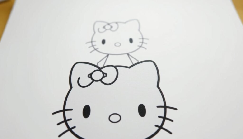 A close-up view of a step-by-step illustration demonstrating how to draw the iconic Hello Kitty character. The foreground features a detailed outline of the character's distinct features - the rounded head, the simple button nose, the large expressive eyes, and the iconic bow atop the head. The middle ground showcases the basic construction of the character's form, with attention to the proportions and basic shapes. The background is a clean, minimalist white space, allowing the illustration to be the focal point. The lighting is soft and diffused, creating a warm, inviting atmosphere. The overall mood is instructional yet whimsical, capturing the endearing essence of the beloved character.