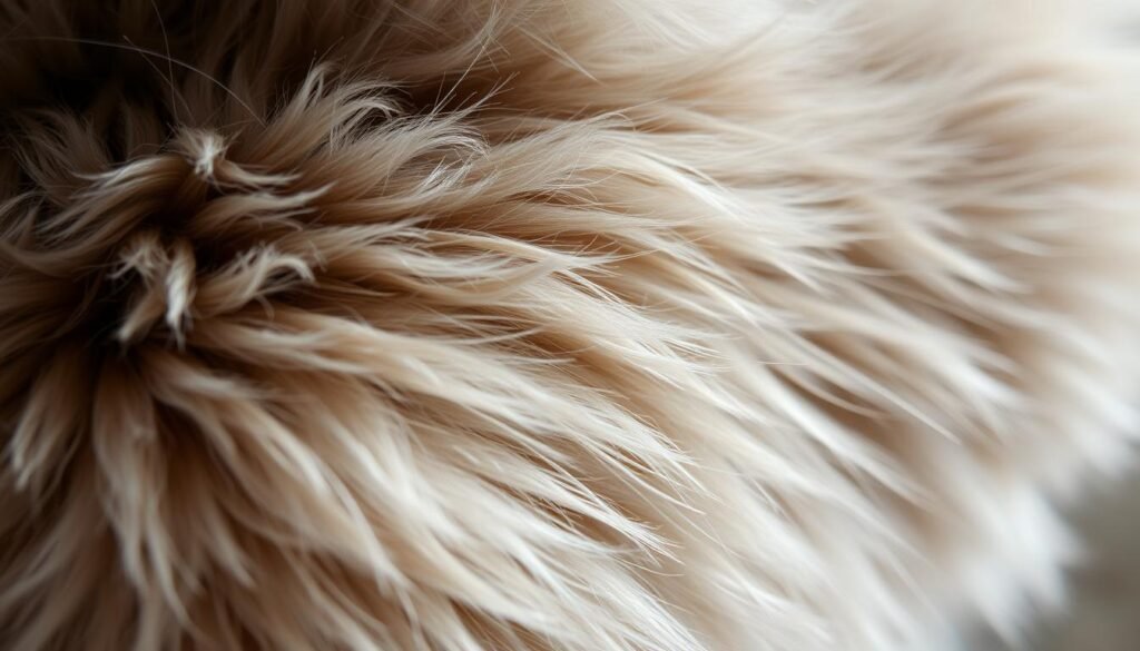 A close-up view of the soft, plush texture of a cat's fur, captured in striking detail. The foreground showcases the intricate patterns and layers of the fur, with individual strands meticulously rendered. The lighting is natural and diffused, accentuating the silky sheen and depth of the coat. The middle ground offers a glimpse of the cat's form, hinting at the underlying musculature and contours. The background is subtly blurred, maintaining the focus on the exquisite fur texture. The overall mood is one of tactile allure, inviting the viewer to reach out and feel the luxurious, velvety softness of the cat's coat.