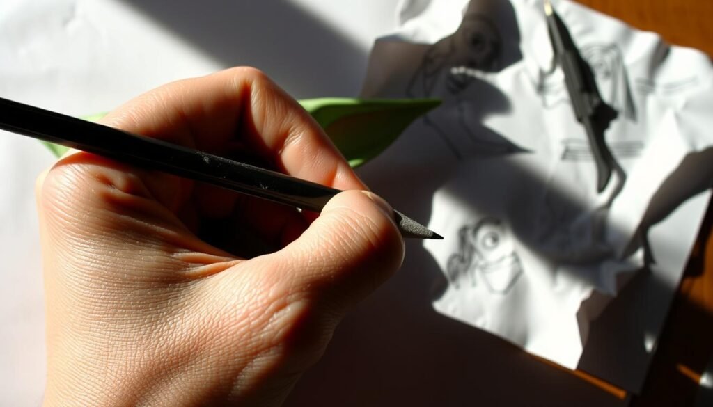 A closeup shot of a hand making common mistakes when attempting to draw Baby Yoda. The hand is gripping a pencil awkwardly, the lines are shaky and uneven. In the background, a crumpled piece of paper with failed sketches is visible, suggesting repeated failed attempts. The lighting is harsh, creating sharp shadows that highlight the imperfections. The overall mood is one of frustration and discouragement, emphasizing the challenges of accurately capturing the endearing features of the iconic character.
