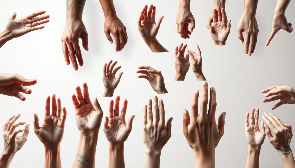 A collection of diverse hand reference images, showcasing various angles, poses, and lighting conditions. The foreground features meticulously detailed hands in different gestures, capturing the intricate anatomy and texture of skin, nails, and joints. The middle ground presents hands in diverse contexts, such as holding objects or interacting with other elements. The background subtly fades into a neutral, minimalist setting, allowing the focus to remain on the hands. The overall lighting is soft and natural, creating a sense of depth and realism. The composition is balanced, with a harmonious arrangement of the hand reference images, providing a comprehensive visual aid for studying and practicing hand drawing.