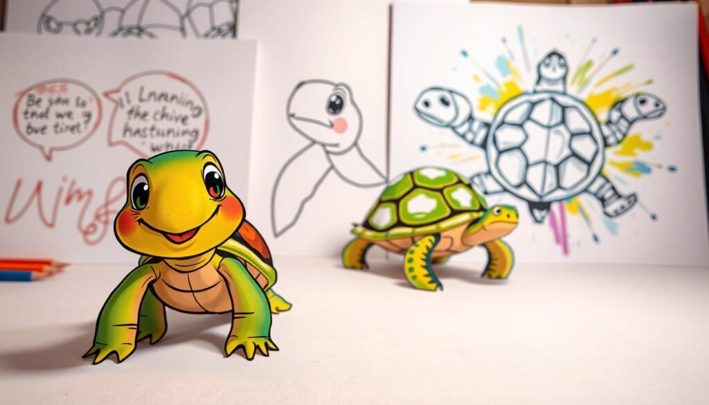 A collection of vibrant, whimsical turtle drawings showcasing diverse artistic styles. In the foreground, a playful cartoon turtle with exaggerated features, bold colors, and a friendly expression. In the middle ground, a more realistic turtle rendered in delicate ink washes, capturing the intricate shell patterns and thoughtful gaze. In the background, an abstract turtle design composed of geometric shapes and dynamic brushstrokes, radiating an energetic, contemporary vibe. Soft, diffused lighting illuminates the scene, creating depth and a sense of harmony among the varied interpretations. The overall composition invites the viewer to explore the versatility and creativity in rendering this iconic reptile.
