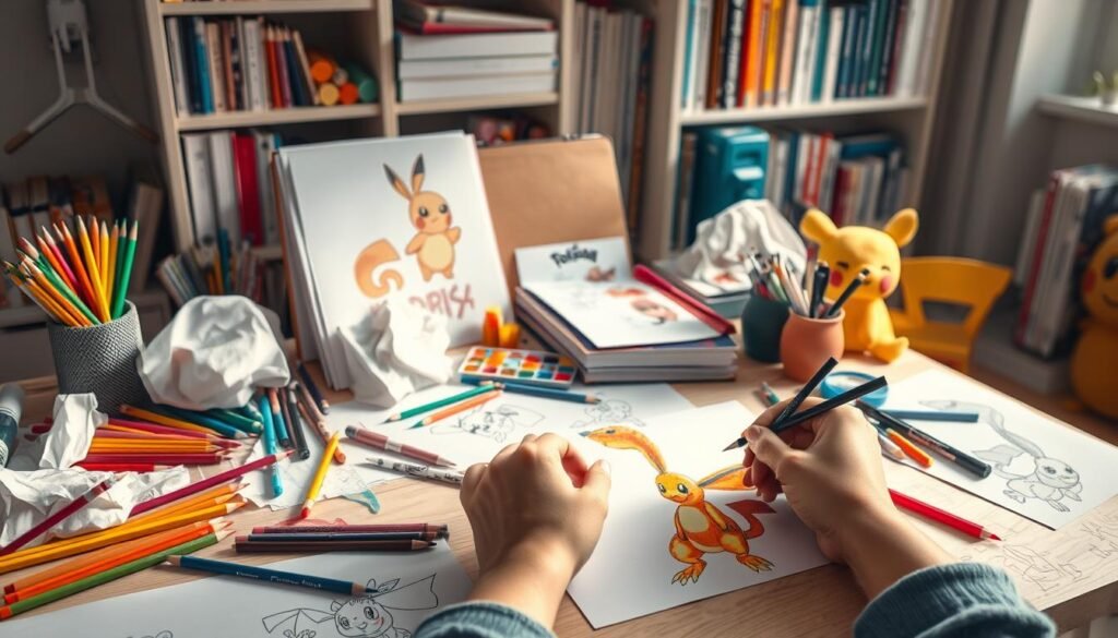 A colorful and whimsical scene of a young artist's desk, filled with various Pokémon drawings waiting to be brought to life. Detailed colored pencils, markers, and watercolor paints are scattered across the surface, along with crumpled sketches and a Pikachu plushie. Soft, natural lighting filters in through a nearby window, casting a warm glow over the creative workspace. In the foreground, a pair of hands carefully apply vibrant hues to a Charmander outline, bringing the fiery Pokémon to vivid existence. The background features a bookshelf stocked with Pokémon-themed art supplies and reference books, hinting at the artist's passion for the beloved franchise.
