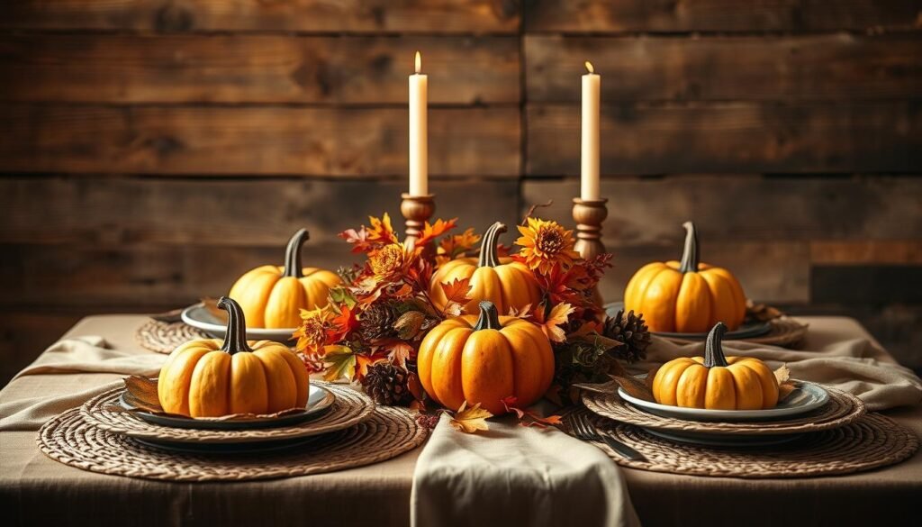 A cozy Thanksgiving table setting with a rustic wooden background. A warm, earthy color palette featuring decorative pumpkins, autumn leaves, and seasonal flowers. Soft, diffused lighting casts a gentle glow, creating an inviting and festive atmosphere. Detailed textures and natural elements like woven placemats, carved wooden candlesticks, and a flowing tablecloth add depth and character to the scene. The composition is balanced, with the foreground table setting complementing the middle-ground seasonal decor and the background's textured, autumnal backdrop. This harmonious, immersive Thanksgiving setting evokes a sense of harvest celebration and family togetherness.