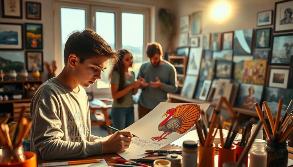 A cozy art studio with a large, sun-lit window overlooking a scenic landscape. In the foreground, a young artist is carefully crafting a vibrant turkey drawing, surrounded by an array of art supplies - brushes, paints, and a sketchpad. The artist's expression is one of deep focus and creative inspiration. In the middle ground, two friends huddle around the artist's work, gesturing excitedly and offering suggestions. Warm, diffused lighting fills the space, creating a sense of shared creativity and camaraderie. In the background, a gallery wall displays an assortment of framed artworks, hinting at the artist's talent and the joy of sharing their creations.