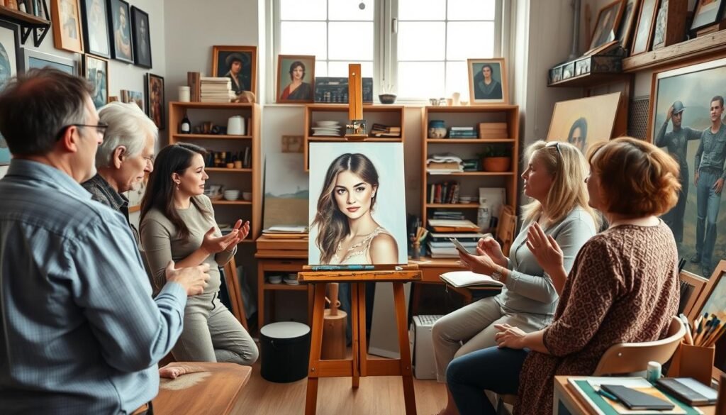 A cozy studio filled with artist's tools and supplies, a central easel displaying a partially completed portrait, surrounded by a group of people offering thoughtful critiques and suggestions, their gestures and expressions conveying a collaborative, constructive atmosphere. Soft, natural lighting from a large window casts a warm glow, accentuating the creative energy. The walls are adorned with inspiring artwork, hinting at the artist's diverse skills and style. An air of focus and camaraderie permeates the scene, as the artist listens intently, eager to refine their work based on the valuable feedback.