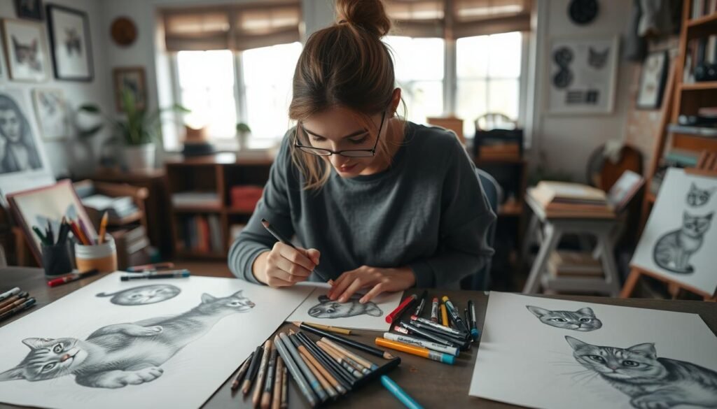 A cozy studio filled with natural light, where a talented artist carefully finalizes a series of detailed cat drawings. On the desk, various pencils, markers, and sketchpads are neatly arranged, testifying to the meticulous process. The artist, their face in deep concentration, meticulously adds the final touches to the feline features, capturing the essence of each cat's unique personality. The background is softly blurred, allowing the viewer to focus on the intricate work being done, as the artist brings these captivating creatures to life through their skilled hands.