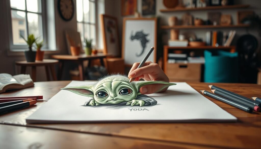 A cozy studio filled with natural light, with a wooden table in the foreground showcasing the final touches for a detailed drawing of Baby Yoda. The little green creature's expressive eyes and delicate features are brought to life through skillful shading and blending of pencils and markers. In the middle ground, an artist's hand gently applies the finishing touches, capturing the essence of the iconic Star Wars character. The background features muted tones and a sense of tranquility, allowing the focal point of the drawing to shine. The overall scene conveys a sense of care, attention to detail, and the joy of the creative process.