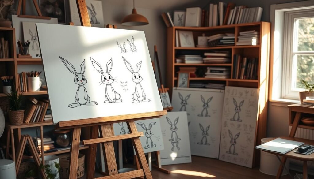 A cozy studio setting with a large drawing board in the foreground, displaying various sketches and drawings of a whimsical bunny in different artistic styles. The bunny's pose and expression change across the sketches, showcasing a range of techniques from realistic to cartoonish, abstract to impressionistic. Soft, natural lighting illuminates the scene, casting warm shadows and highlighting the textures of the drawing materials. In the background, shelves filled with art supplies and inspirational references create a nurturing, creative atmosphere. The overall mood is one of experimentation, exploration, and the joy of self-expression through diverse drawing styles.