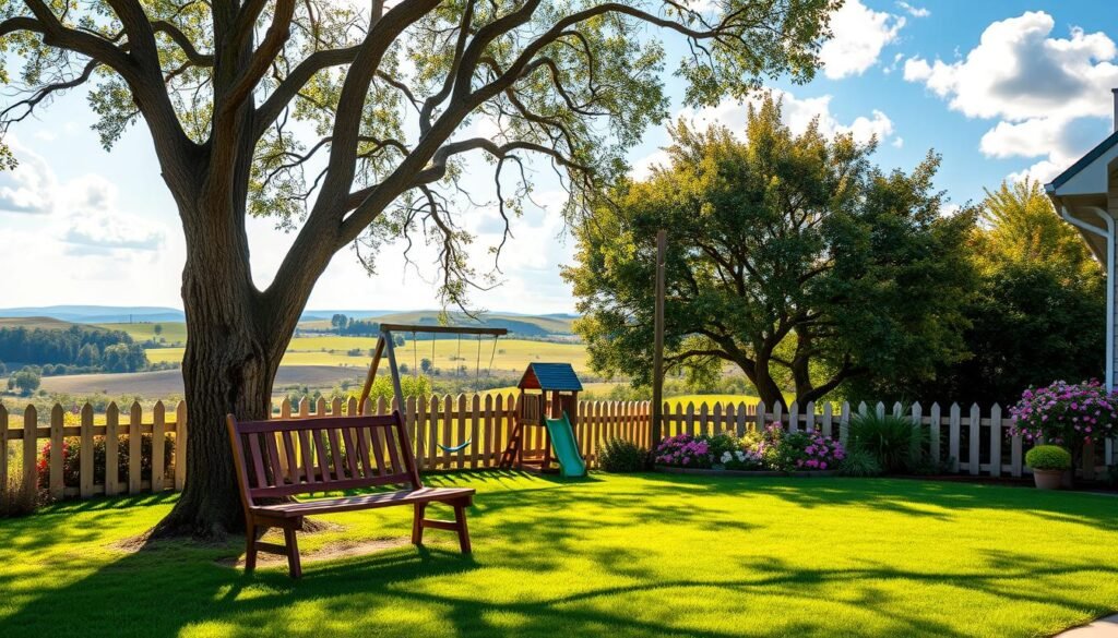 A cozy, sun-drenched backyard scene with a lush green lawn, a picket fence, and a blooming flower garden. In the foreground, a wooden bench nestled beneath a mature oak tree, casting gentle shadows. In the middle ground, a play set with a slide and swing set, inviting children to explore. The background features rolling hills, a clear blue sky dotted with fluffy white clouds, and a distant horizon line. Warm, diffused lighting creates a soft, welcoming atmosphere, perfect for capturing the whimsical and charming world of Bluey.