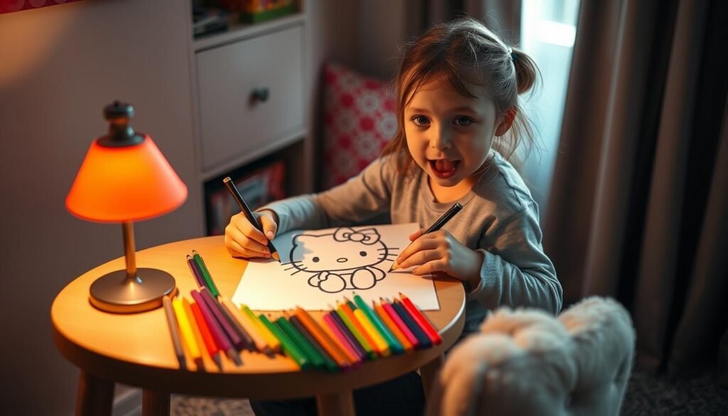 A cozy, well-lit room with a young girl sitting at a small table, carefully coloring a Hello Kitty line art drawing with vibrant, high-quality colored pencils. The girl's face is focused, tongue poking out in concentration as she delicately fills in the various sections, bringing the iconic character to life with a rainbow of hues. The table is covered in a variety of colored pencils, and a small lamp casts a warm, soft glow over the scene. The background is blurred, emphasizing the girl's dedicated activity. Soft, natural lighting from a nearby window enhances the serene, intimate atmosphere.