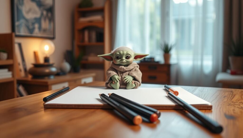 A cozy, well-lit studio with a wooden table in the foreground. On the table, a set of high-quality colored pencils, markers, and a blank sheet of paper. In the middle ground, a detailed, life-like depiction of Baby Yoda sitting cross-legged, observing the art supplies with a serene, contemplative expression. The background is softly blurred, hinting at a soothing, naturalistic environment. Lighting is warm and diffused, creating a calming, inviting atmosphere ideal for a creative endeavor. The overall scene conveys a sense of tranquility and focus, perfectly suited for the "Coloring Your Drawing" section of the article.