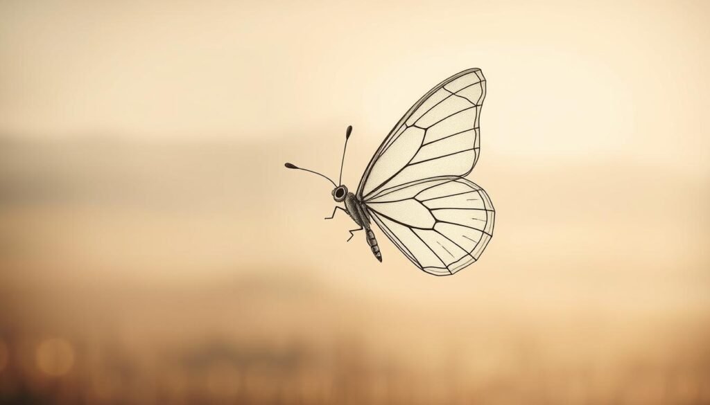 A delicate butterfly drawn with precise, intricate lines, its wings unfurled in a graceful, natural pose. The illustration is rendered in a warm, soft color palette, with subtle highlights and shadows accentuating the details of the creature's form. The background is a serene, blurred landscape, allowing the butterfly to take center stage. The overall composition evokes a sense of tranquility and the artist's mastery of technique. The image is captured with a shallow depth of field, using a gentle, diffused lighting setup that enhances the ethereal quality of the subject.