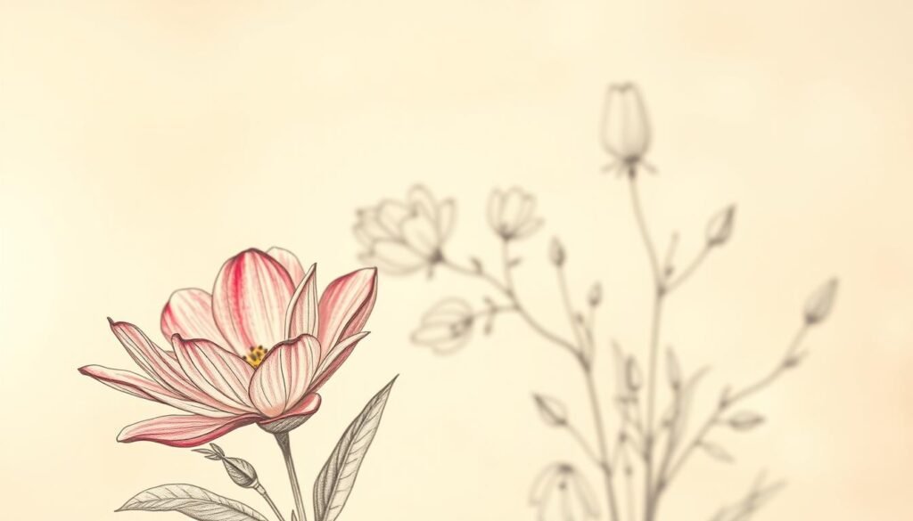 A delicate hand-drawn floral composition set against a softly blurred, warm-toned background. In the foreground, detailed pencil sketches of vibrant petals and leaves emerge, capturing the organic textures and gentle curves of a blooming flower. The middle ground features a loose, impressionistic rendering of additional petals and foliage, hinting at the depth and complexity of the full botanical arrangement. Subtle, directional lighting casts gentle shadows, enhancing the sense of depth and dimensionality. The overall mood is one of graceful, artistic expression, inviting the viewer to appreciate the beauty and intricacy of the natural world.
