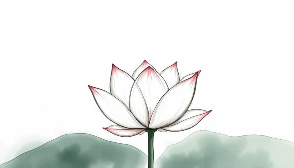 A delicately drawn lotus flower in full bloom, its petals unfurling gracefully against a serene backdrop. The flower's intricate details are captured in a soft, digital sketch-like style, with subtle shadows and highlights accentuating its elegant form. The composition features the lotus as the central focus, surrounded by a minimalist, ink-wash-inspired landscape of muted greens and blues, evoking a sense of tranquility and Zen-like simplicity. The overall mood is one of refined artistry and contemplative beauty, perfectly suited to illustrate the "Mastering the Lotus Flower" section of the article.