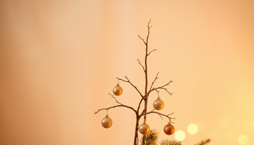 A delicately hand-drawn Christmas tree, rendered in warm, muted tones, against a softly blurred background. The tree's branches are decorated with simple yet elegant ornaments, each one carefully placed to create a harmonious and visually appealing composition. The lighting is gentle, casting a cozy, inviting glow that enhances the tree's natural beauty. The overall scene evokes a sense of tranquility and holiday cheer, providing a visually striking yet approachable reference for beginner artists to learn from.