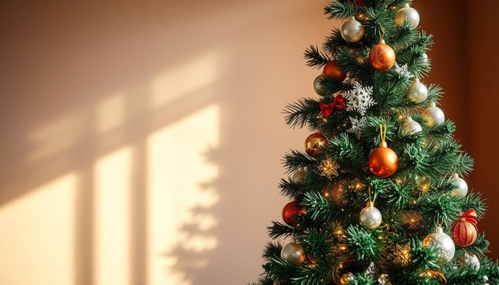 A detailed Christmas tree standing tall against a warm, cozy backdrop. The tree is adorned with shimmering ornaments and twinkling lights, casting soft, dynamic shadows that add depth and drama to the scene. The lighting is natural and diffused, creating a serene, ethereal atmosphere. The foreground features the Christmas tree in sharp focus, while the background is slightly blurred, drawing the viewer's attention to the intricate details of the tree. The overall composition is balanced and visually appealing, capturing the essence of the holiday season and the joy of creating a beautiful artistic work.