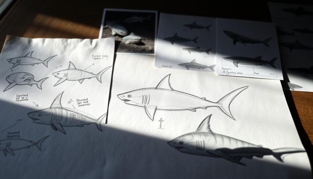 A detailed anatomical study of common errors in shark drawing, illuminated by soft, natural lighting. In the foreground, a series of shark sketches showcasing issues like incorrect fin placement, disproportionate body shape, and unconvincing eye positioning. The middle ground features a partially completed shark outline, highlighting the challenges of capturing the creature's dynamic silhouette. In the background, reference photos of various shark species provide visual guidance for accurate proportions and anatomy. The overall mood is one of contemplative analysis, inviting the viewer to examine and learn from these common artistic pitfalls.