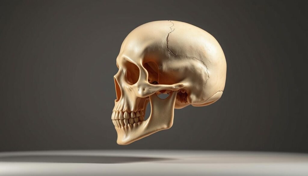 A detailed, anatomically-accurate side view of a human skull, rendered in a highly realistic, lifelike style. The skull is positioned in 3/4 profile, illuminated by soft, directional lighting from the left, casting subtle shadows that accentuate the contours and structures. The background is a simple, muted studio setting, allowing the skull to be the central focus. The overall mood is one of clinical study and artistic contemplation, suitable for an educational tutorial on drawing the skull from different angles.