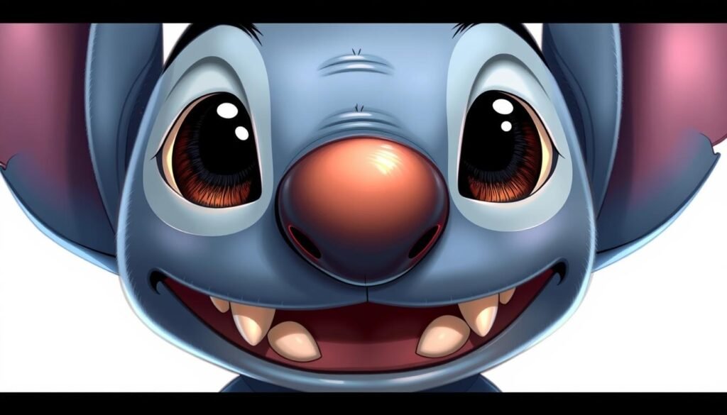 A detailed close-up illustration of Stitch's facial features, drawn with realistic precision. The front-facing view showcases his large, expressive eyes with detailed irises and pupils, his button nose, and his signature wide, mischievous grin, revealing his sharp, protruding teeth. The lighting is soft and flattering, accentuating the textured, alien-like quality of Stitch's unique appearance. The background is a simple, neutral color, allowing the subject to be the sole focus. The overall mood is whimsical and charming, capturing the endearing essence of this beloved character.