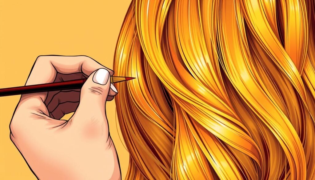 A detailed, close-up illustration of a hand painting long, flowing locks of vibrant, golden hair with various hues and tones. The hair is meticulously rendered, with individual strands and highlights clearly visible. The background is a warm, neutral color, allowing the hair to be the central focus. The lighting is soft and diffused, creating a serene and contemplative atmosphere. The overall composition is balanced and aesthetically pleasing, showcasing the artistic process of coloring hair in a step-by-step tutorial.