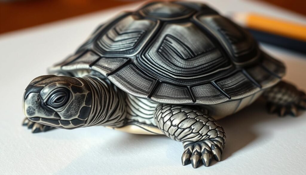 A detailed close-up illustration of various shading techniques for drawing a turtle, rendered in a realistic style with attention to depth and texture. The foreground features the turtle's shell, with a complex pattern of overlapping scales and varied shading to create the illusion of three-dimensional form. The middle ground showcases the turtle's head, legs, and feet, with nuanced shadows and highlights to depict the skin's subtle contours. The background is slightly blurred, emphasizing the focal point of the shell. The lighting is soft and diffused, creating a warm, naturalistic atmosphere that enhances the tactile quality of the turtle's surface.