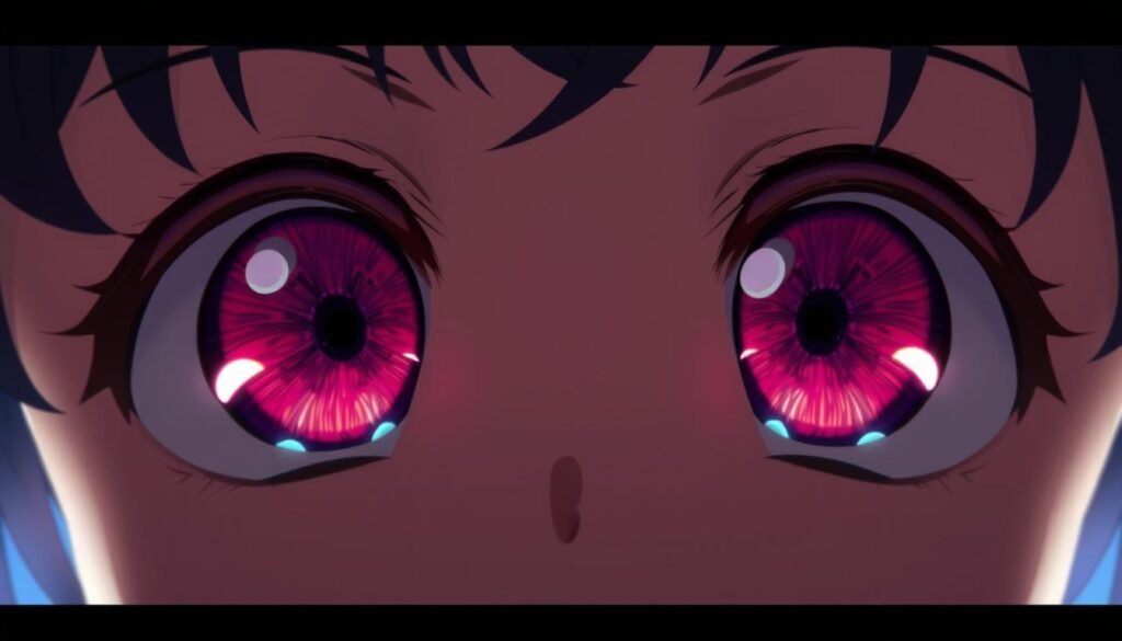 A detailed close-up of a pair of large, expressive anime-style eyes in the focal point. The eyes have long, curved lashes, vibrant irises with intricate patterns, and subtle highlights that capture the light. The eyes are rendered with a delicate, almost ethereal quality, conveying a sense of wonder and emotion. The background is gently blurred, keeping the focus on the eyes. The lighting is soft and diffused, creating a warm, inviting atmosphere. The entire composition is framed in a cinematic, close-up shot to emphasize the importance of the eyes as a key feature in anime character design.