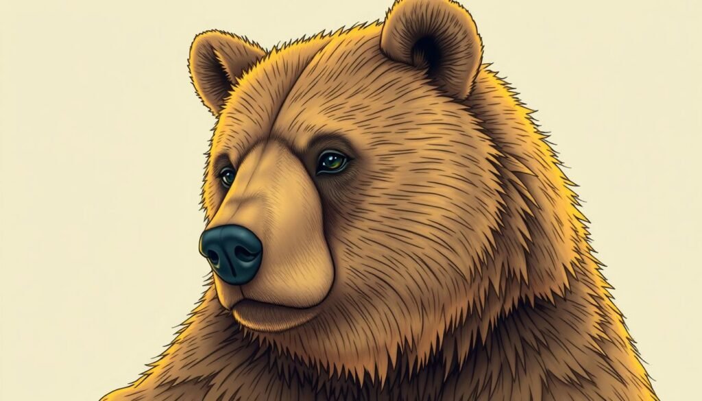 A detailed close-up view of a bear's head and shoulders, with a soft, warm lighting illuminating the fur and facial features. The bear's expression is focused and attentive, conveying a sense of concentration as it prepares to color its own drawing. The background is a neutral, muted tone, allowing the bear's form to stand out prominently. The image should have a high level of detail, capturing the intricate texture and shading of the bear's fur, as well as the subtle nuances of its expression.