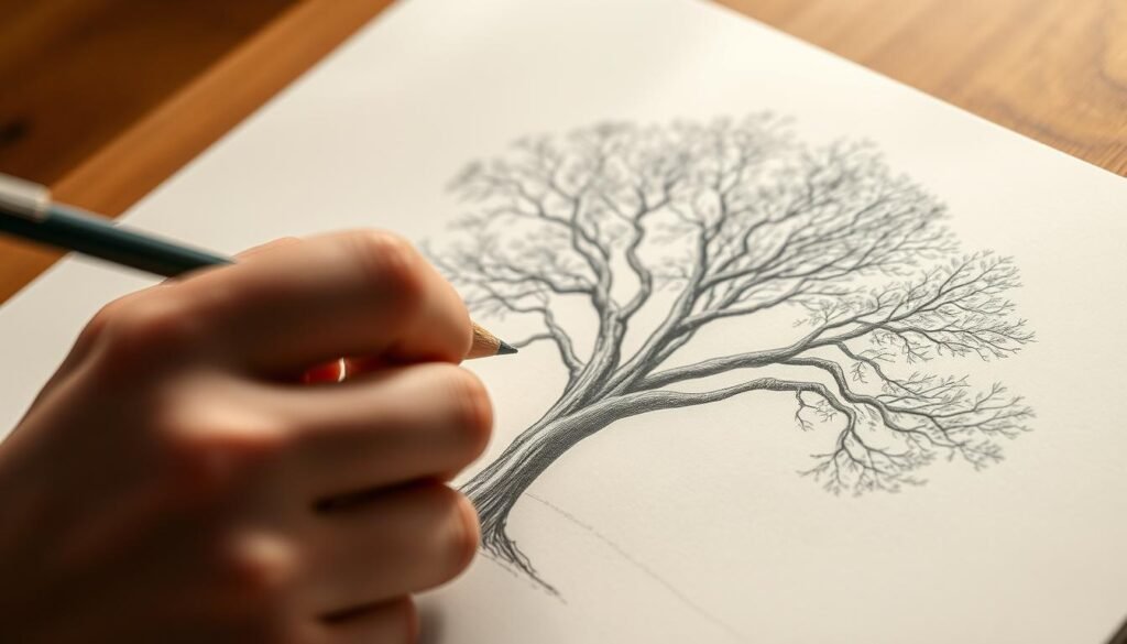 A detailed close-up view of a hand deftly finishing a detailed pencil sketch of a tree. The sketch is set against a soft, slightly blurred background, with a warm, natural lighting creating gentle shadows and highlights across the paper surface. The hand appears concentrated, with delicate strokes carefully defining the tree's branches, leaves, and textures. The overall scene conveys a sense of focus, craftsmanship, and the satisfying final stages of bringing a tree drawing to life.