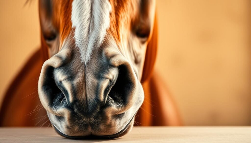 A detailed close-up view of a horse's head, captured in a warm, natural lighting. The horse's muzzle is gently resting on a smooth surface, inviting the viewer to observe the intricate features of the sketch - the delicate nostrils, the expressive eyes, and the defined musculature of the face. The background is softly blurred, allowing the focal point to be the horse's head, showcasing the essential elements to refine in a beginner's drawing. The overall mood is one of tranquility and focus, guiding the viewer through the nuances of accurately capturing a horse's likeness.
