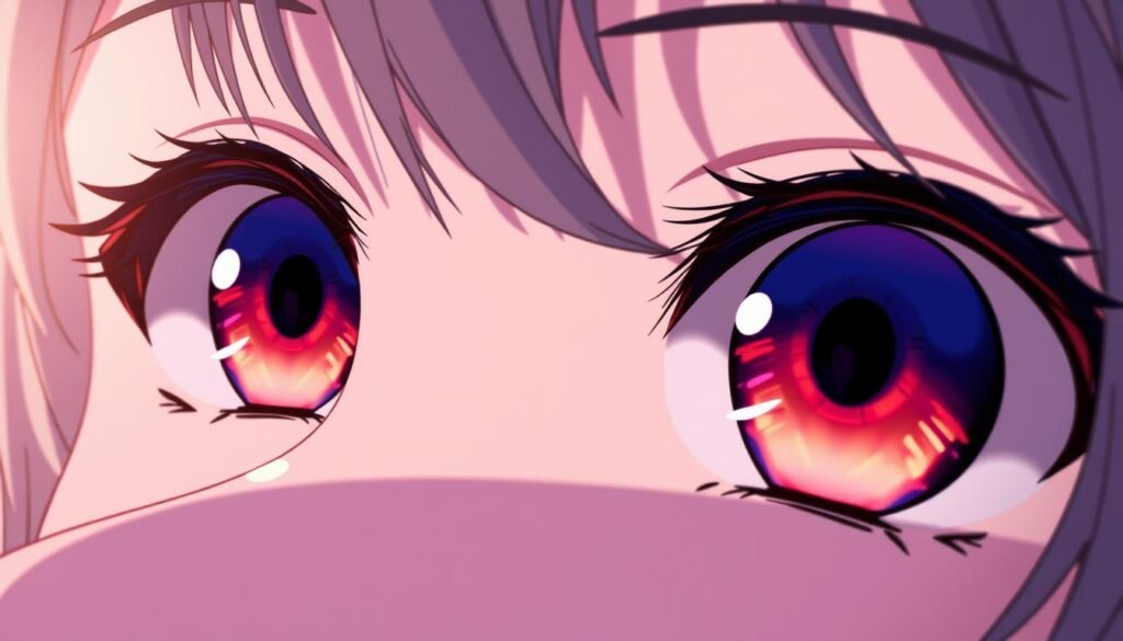A detailed, close-up view of anime-style eyes, showcasing the intricate color theory and shading techniques used to bring them to life. The eyes are rendered with a soft, warm lighting that accentuates the vibrant hues and subtle gradients, creating a sense of depth and dimensionality. The perspective is slightly angled, offering a dynamic and engaging composition. The background is intentionally blurred, allowing the focus to remain solely on the captivating eyes and their mesmerizing color palette.